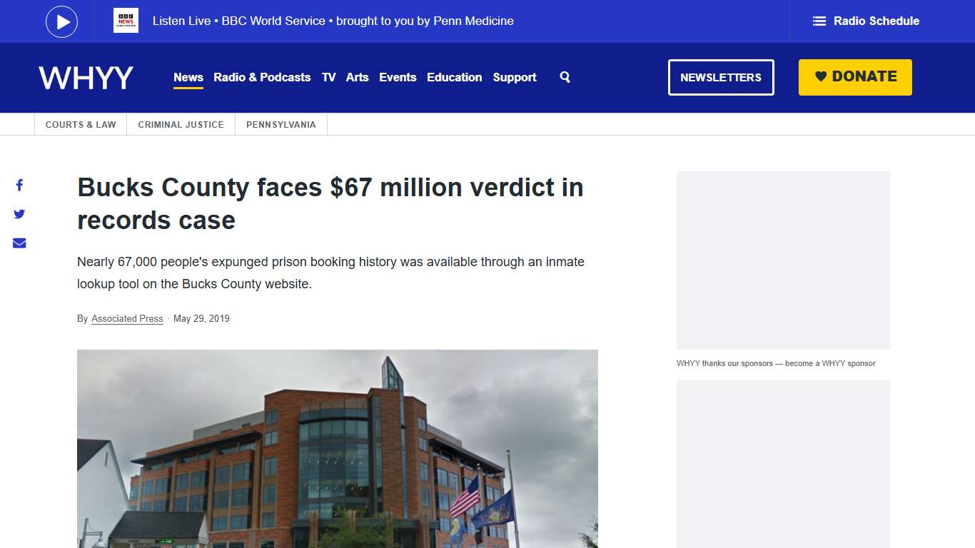 Bucks County faces $67 million verdict in records case - WHYY